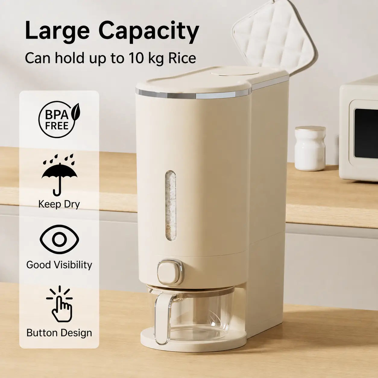 Airtight rice dispenser with measuring cup, insect-proof 22 lb grain storage container for kitchen pantry, pet food and everyday dry goods Tomyhome Global