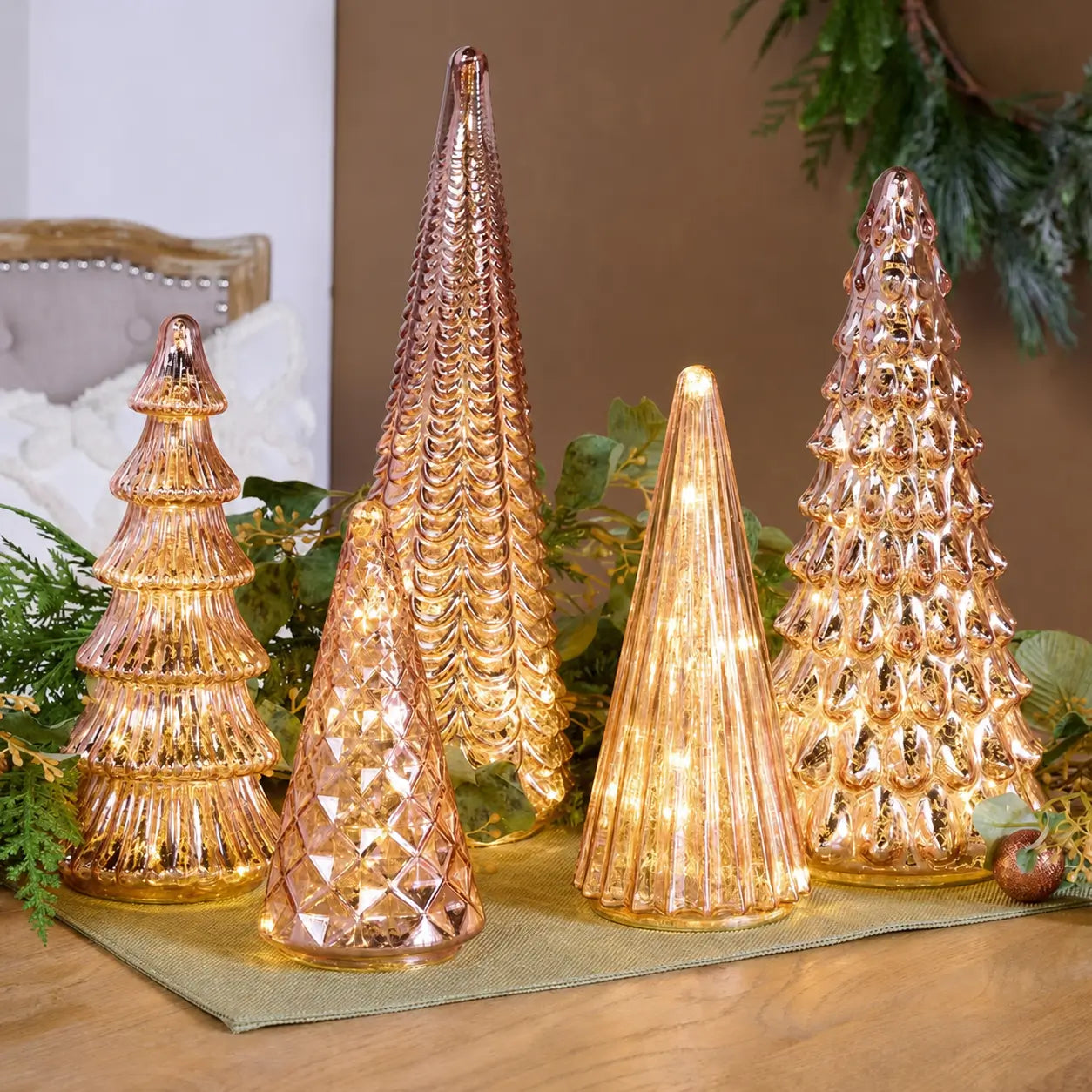 Set of 5 illuminated mercury glass Christmas trees with six-hour timer for mantel, side table, and festive holiday centerpiece decor displays Tomyhome Global