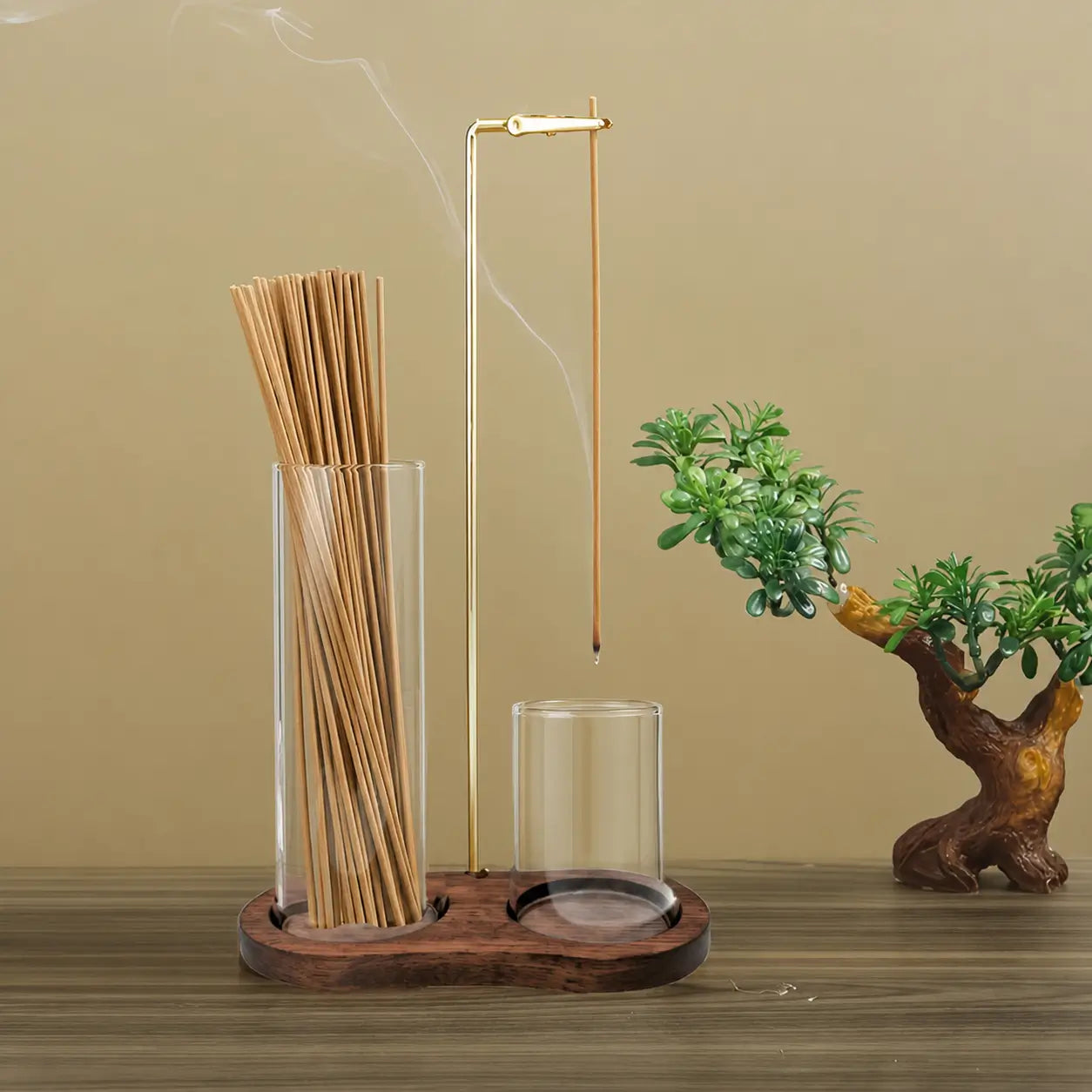2-in-1 wooden incense and candle holder with removable glass ash catcher for meditation, yoga, bedroom and minimalist home decor Tomyhome Global