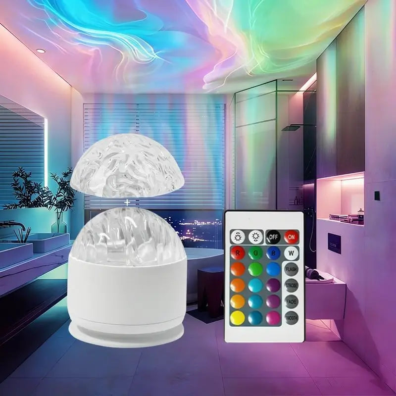 Luz Projetora 3D de Ondas de Água e Mar com Modo RGB de 16 Cores e Controlo Remoto para Relaxamento no Quarto, Ambiente Noturno Romântico e Iluminação Decorativa de Ambiente