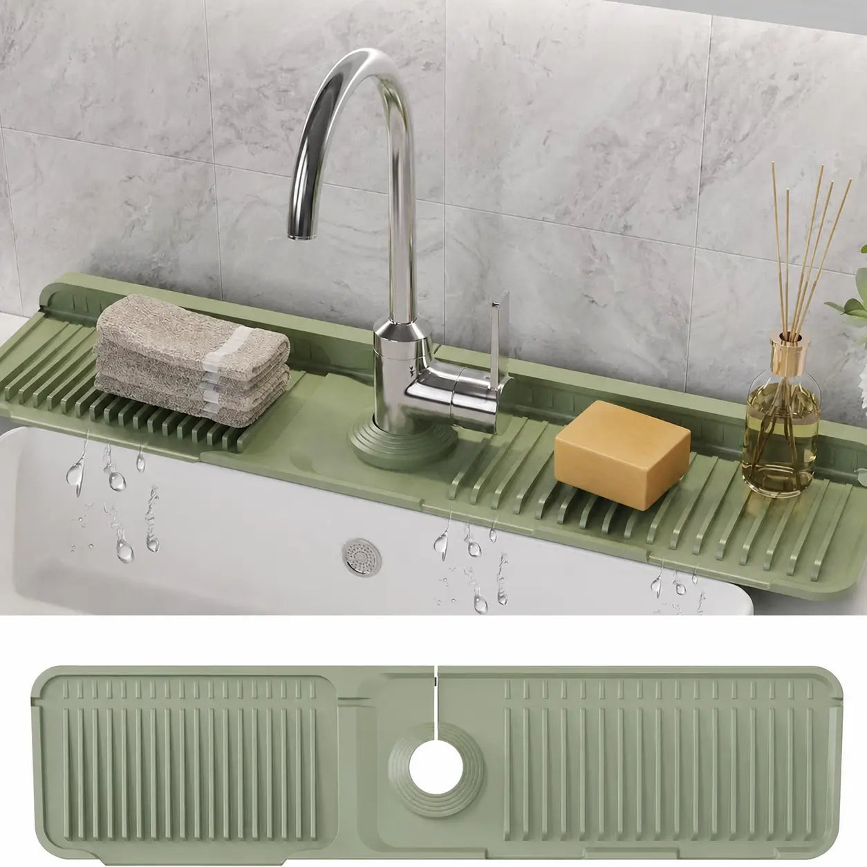 Everyday Silicone Sink Faucet Splash Guard Mat with 5° Self-Draining Slope and Button Lock for Cleaner Kitchen, Bathroom, and RV Counters Tomyhome Global