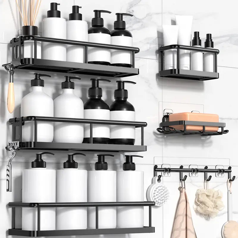 5-Pack Black Adhesive Shower Caddy Set Wall Mounted Bathroom Organizer No Drill Rustproof Stainless Steel Storage Racks With Removable Hooks For Shampoo And Soap