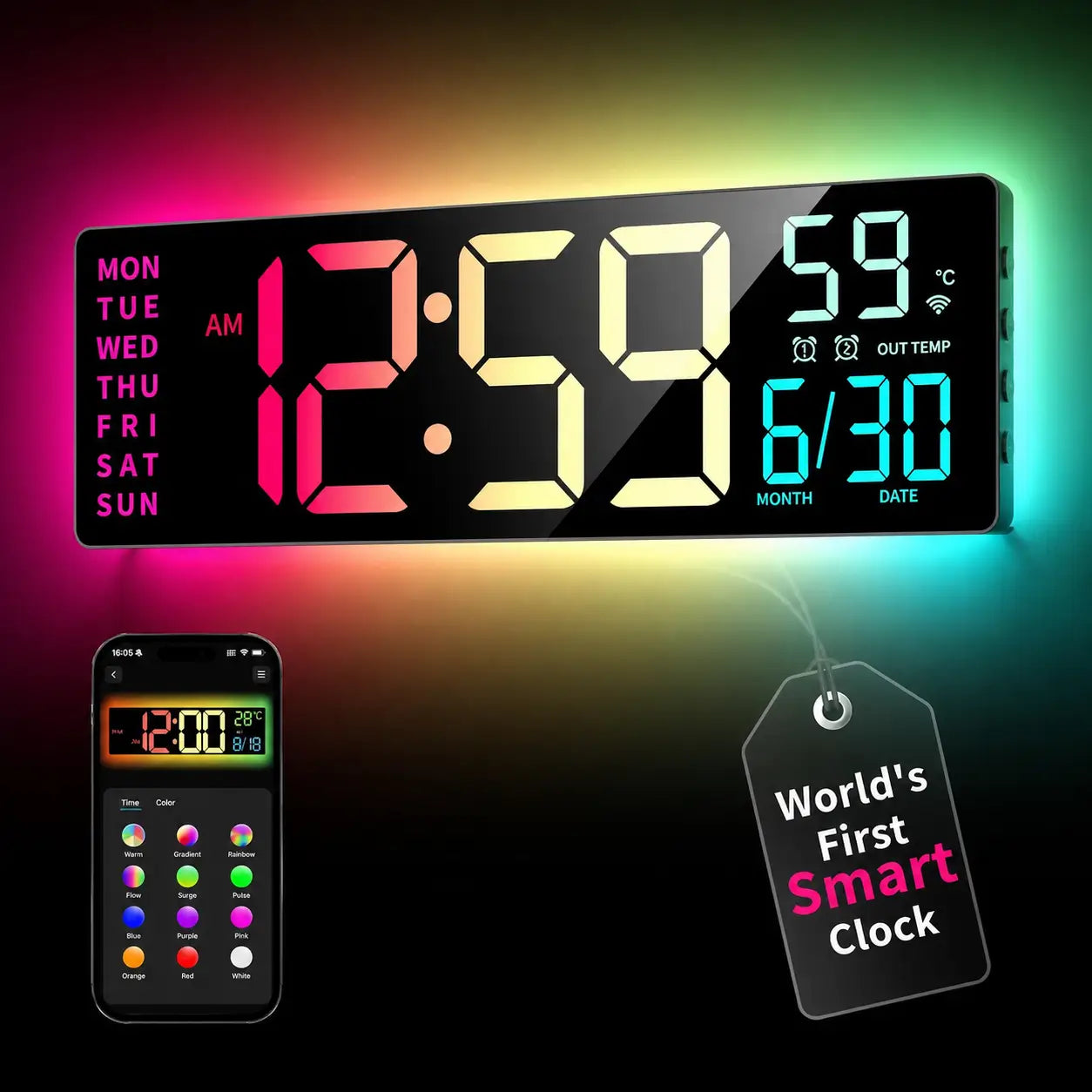 Large digital wall clock with RGB ambient light, dual alarms, and easy-read LED display for home offices, kitchens, classrooms, and gaming rooms Tomyhome Global