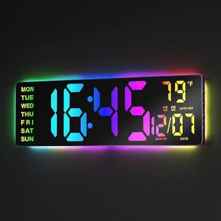42 cm Large Digital Wall Clock with Bluetooth Sync RGB LED Lights 11 Scene Modes Remote Dual Alarms Auto DST Temperature for Office Gaming