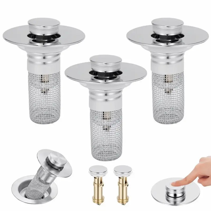 Bathroom Sink Stopper Hair Catcher Universal Pop Up Sink Drain Filter with Stainless Steel Filter Basket and Brass Drain Plug for Home Use