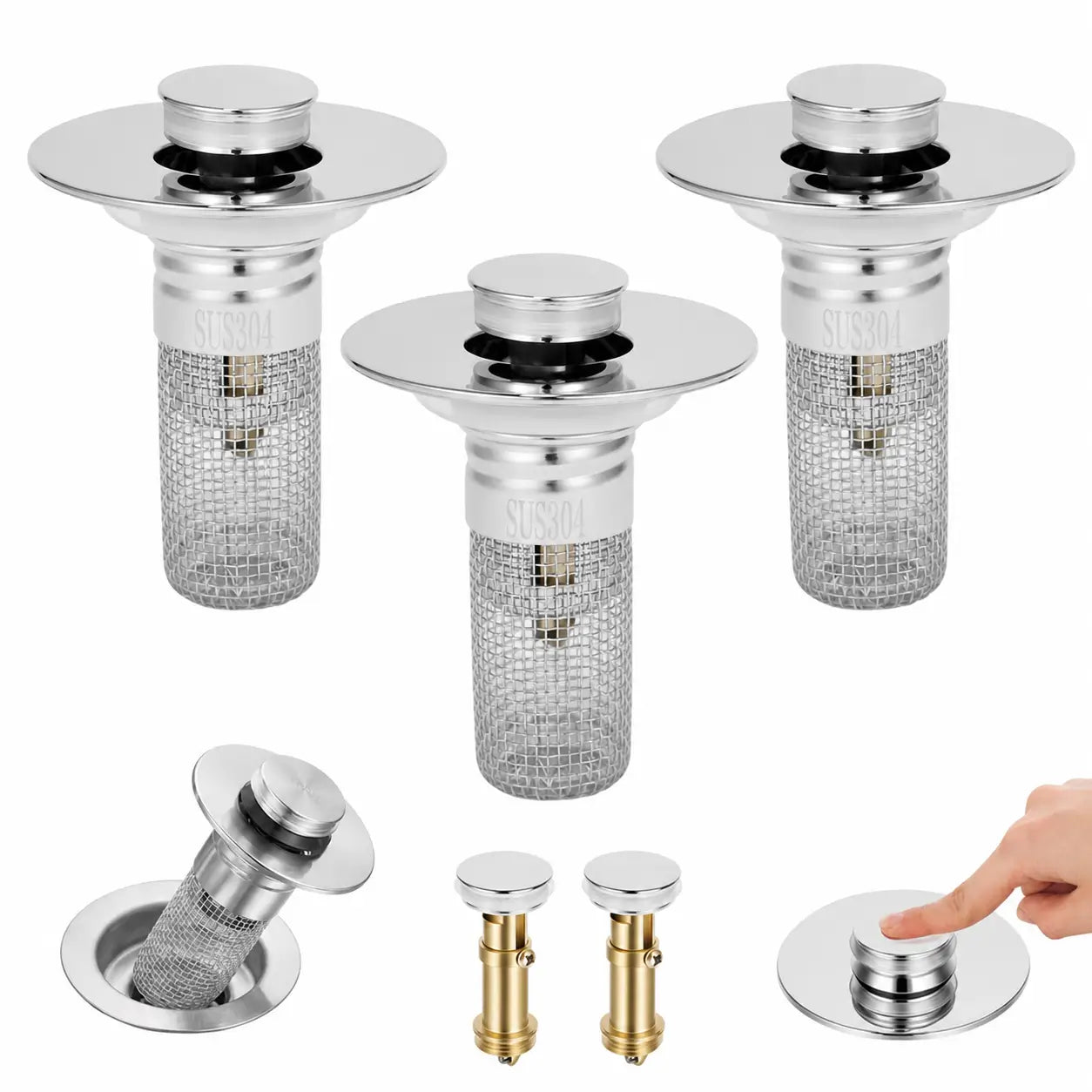 Universal pop-up sink stopper with removable stainless steel hair catcher basket for standard bathroom drains, 2-in-1 anti-clog strainer and plug Tomyhome Global