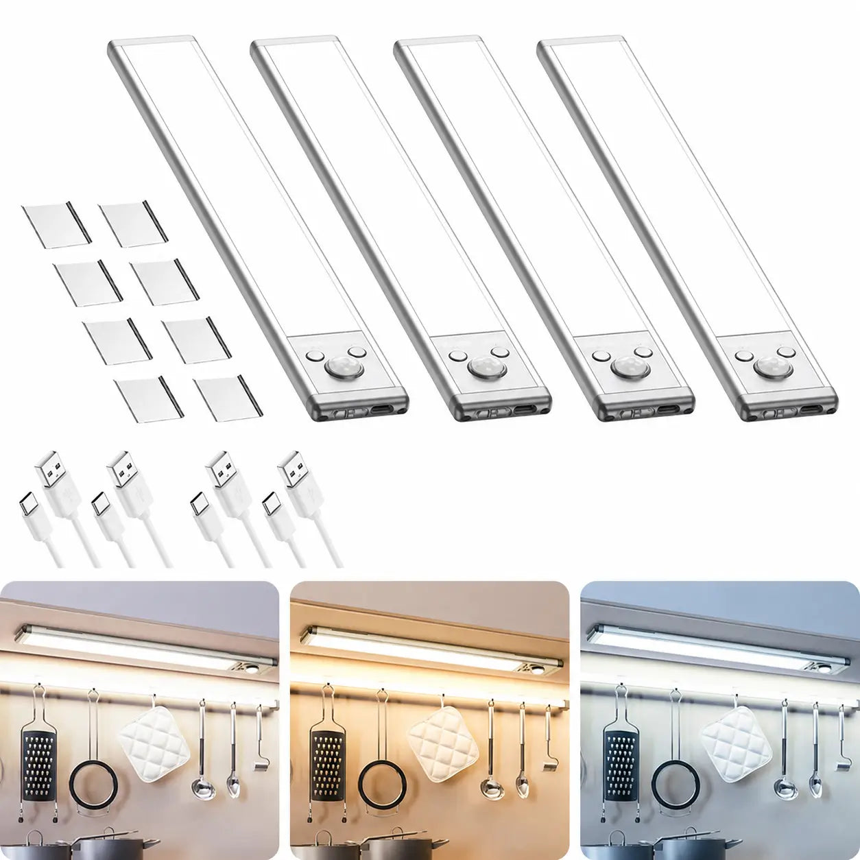 Under cabinet motion sensor lights, USB-C rechargeable dimmable 76 LED white light bars for kitchens, closets, pantries and stairs, 2 pack Tomyhome Global