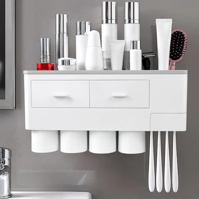 Portaspazzolino da Parete con Dispenser Automatico di Dentifricio, Vassoio Contenitore Grande e Tazze per Organizzazione Bagno, Set Accessori Bagno Multifunzionale Salvaspazio