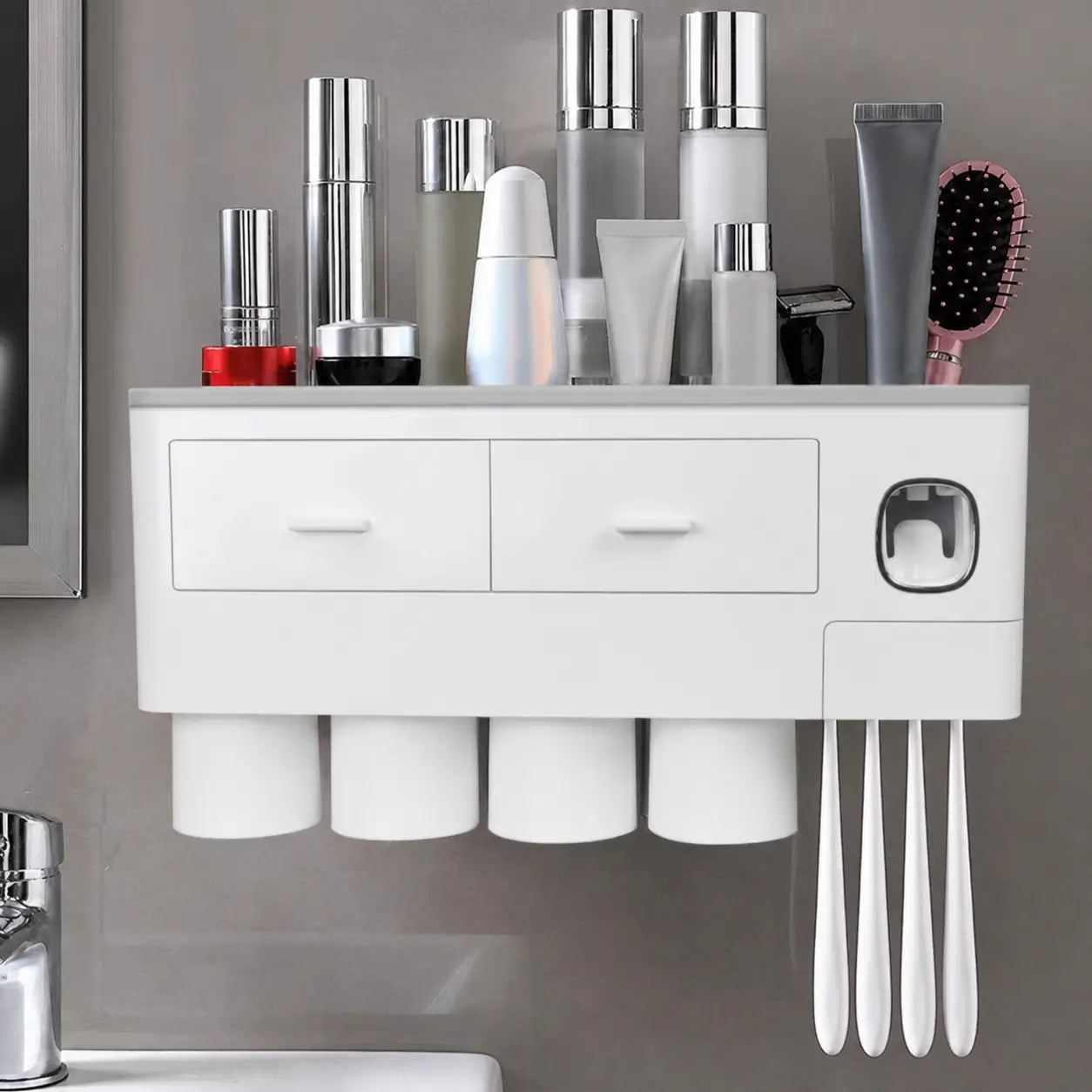 No-drill bathroom toothbrush organizer with automatic toothpaste dispenser, inverted magnetic cups, and tray for toiletries, razors, and cosmetics in compact wall-mounted spaces Tomyhome Global