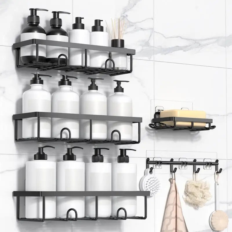 5-Pack Black Adhesive Shower Caddy Set Wall Mounted Bathroom Organizer No Drill Rustproof Stainless Steel Storage Racks With Removable Hooks For Shampoo And Soap