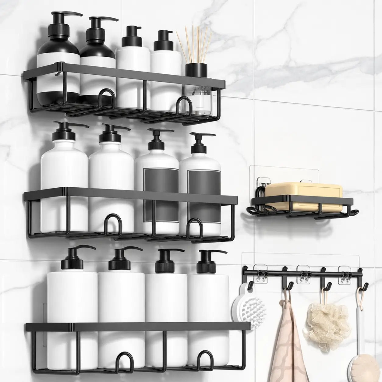 Black No-Drill Shower Caddy 5-Pack with Rust-Resistant Metal Shelves and Removable Hooks for Bathroom Wall Storage and Inside Shower Organization Tomyhome Global
