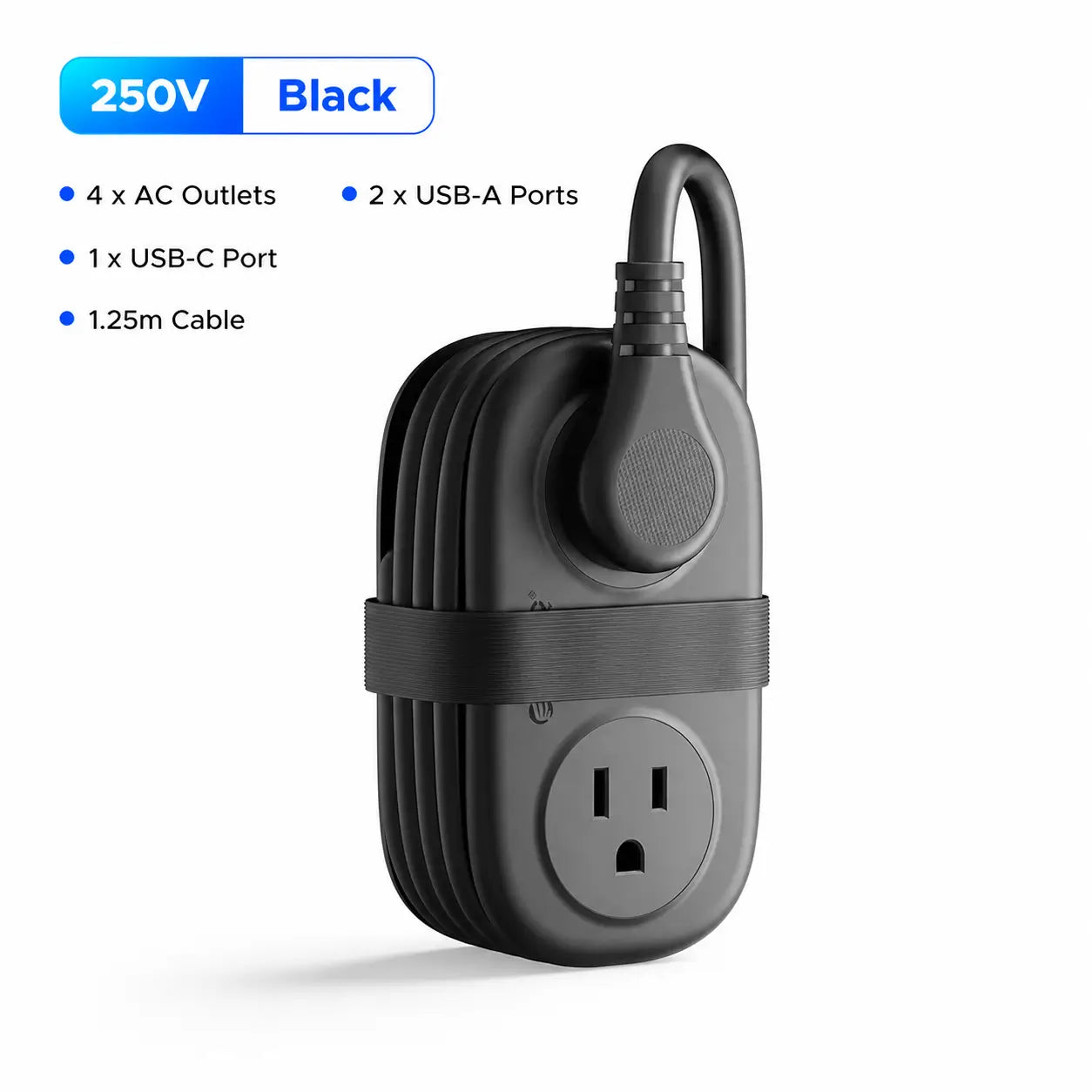 Compact travel power strip with 4 AC outlets, USB-C, flat plug and 1.25 m cord for cruises, hotels and office desks Tomyhome Global