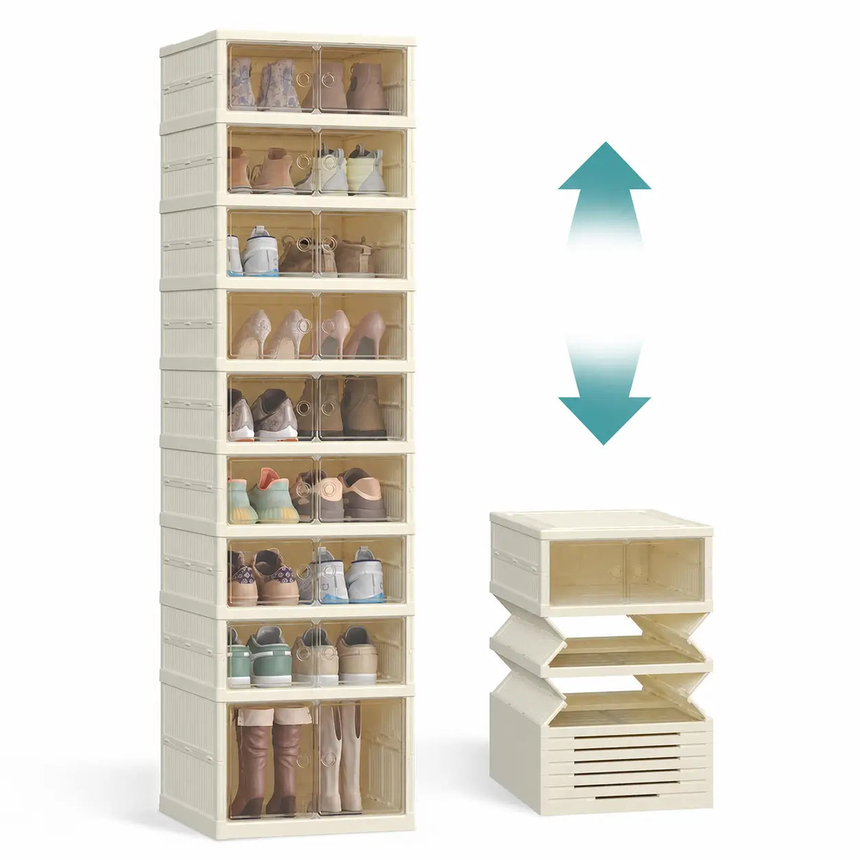 Collapsible shoe storage boxes with clear front doors, stackable foldable organizer for closets, shelves and entryways, fits US size 13 shoes Tomyhome Global