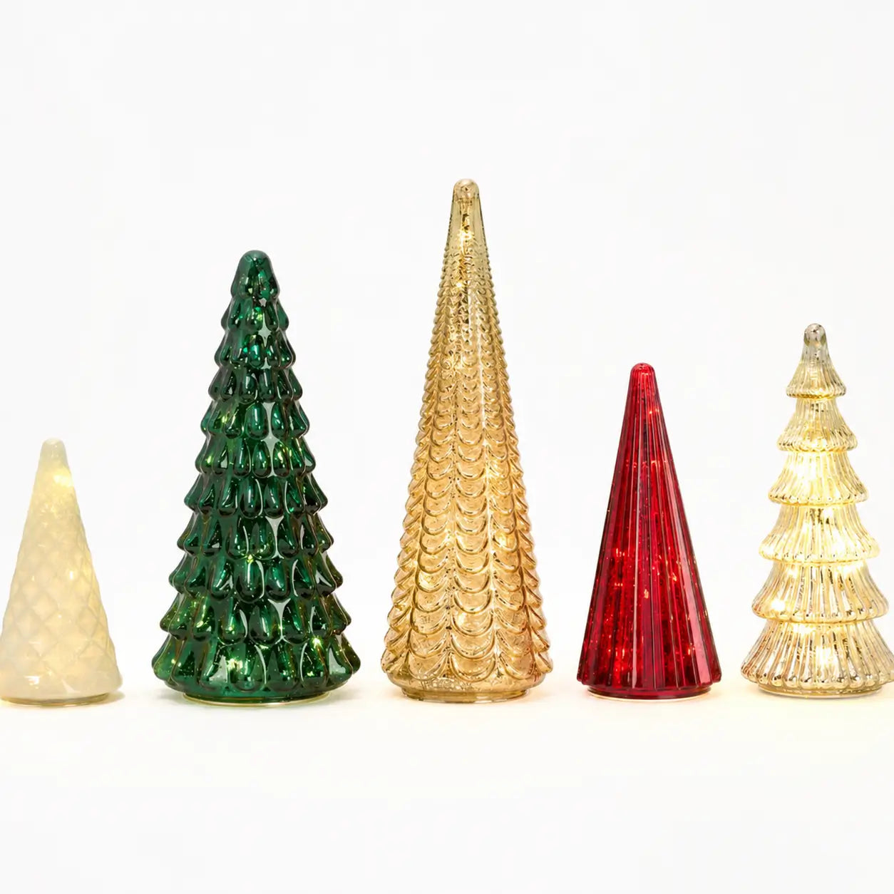 Set of 5 illuminated mercury glass Christmas trees with six-hour timer for mantel, side table, and festive holiday centerpiece decor displays Tomyhome Global