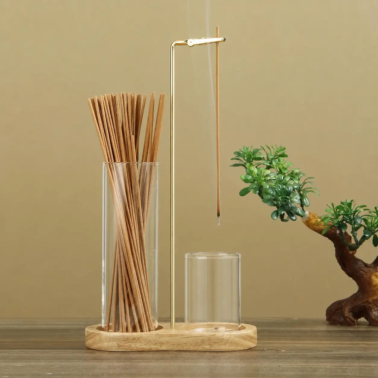 2-in-1 wooden incense and candle holder with removable glass ash catcher for meditation, yoga, bedroom and minimalist home decor Tomyhome Global