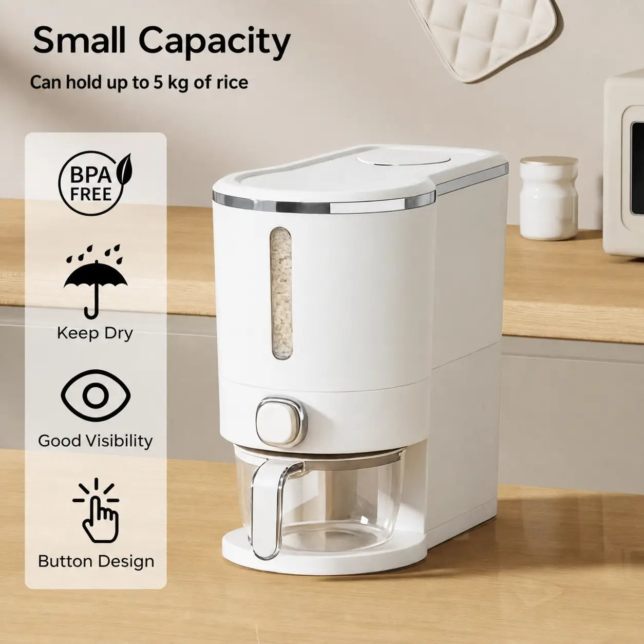Airtight rice dispenser with measuring cup, insect-proof 22 lb grain storage container for kitchen pantry, pet food and everyday dry goods Tomyhome Global