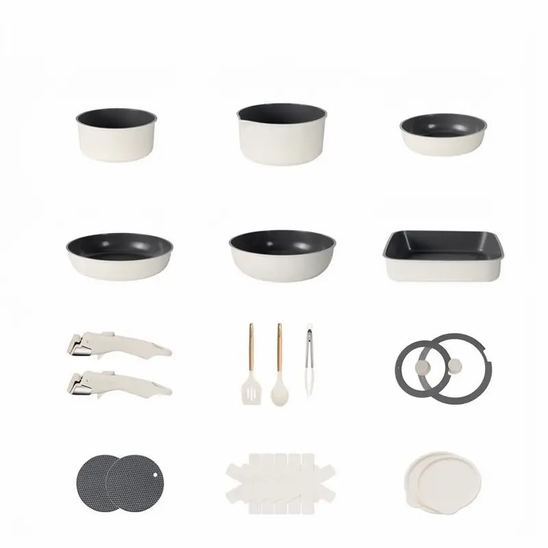 22-Piece Ceramic Non-Stick Cookware Set with Detachable Handles Non-Toxic Space-Saving Pots and Pans for RV Kitchen Induction Healthy Milk Pan Set