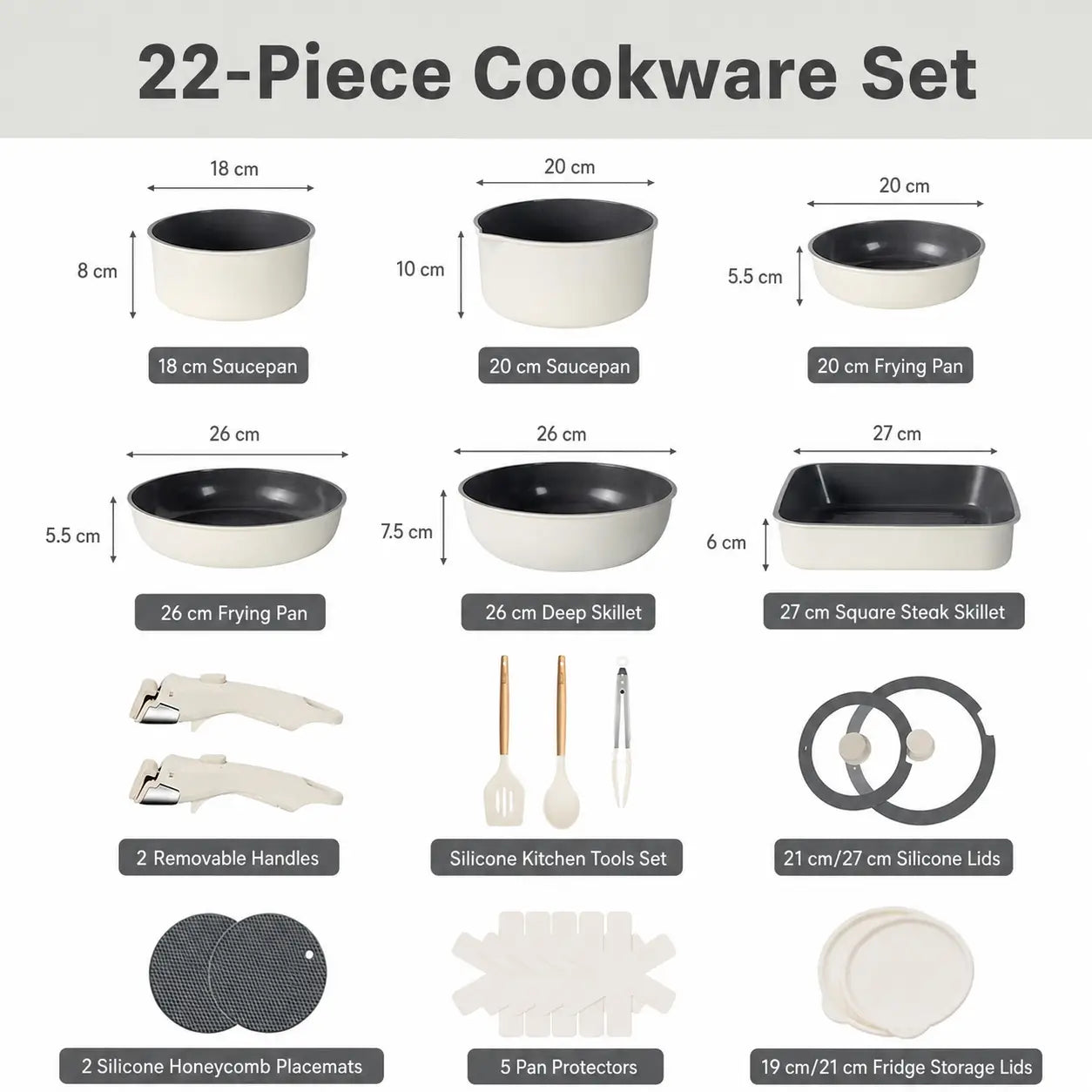 Ceramic Nonstick 22-Piece Cookware Set with Detachable Handles and Lids for Induction Kitchens, RV Cooking, Outdoor Meals, and Easy Storage Tomyhome Global