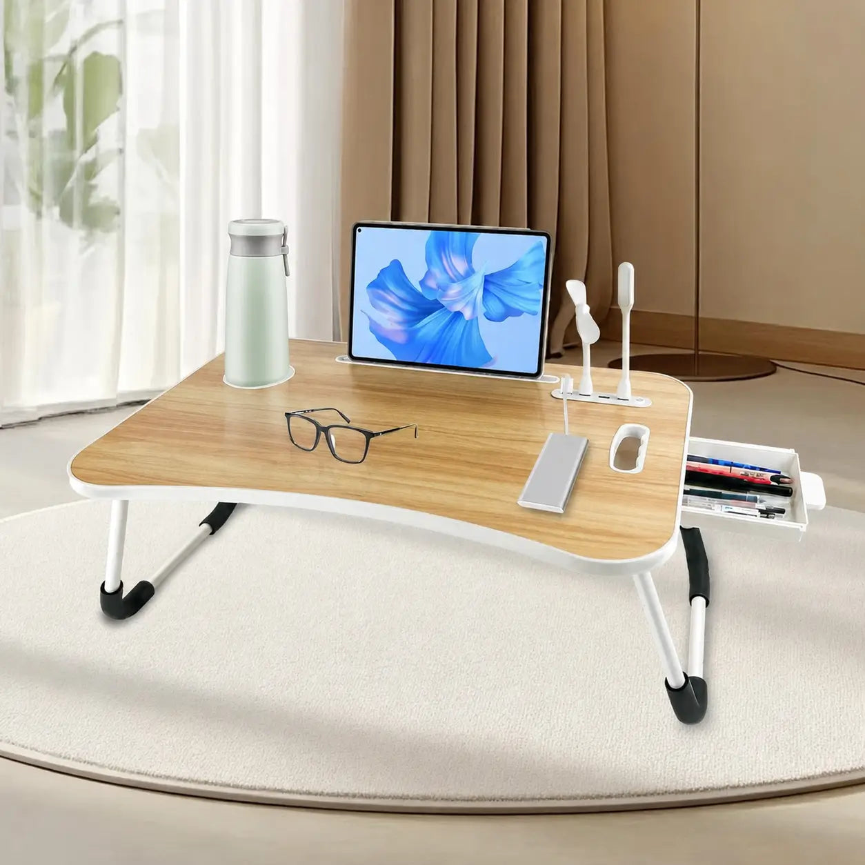 Foldable laptop bed desk with 4 USB ports, storage drawer, cup holder and adjustable angles for comfortable couch work at home Tomyhome Global