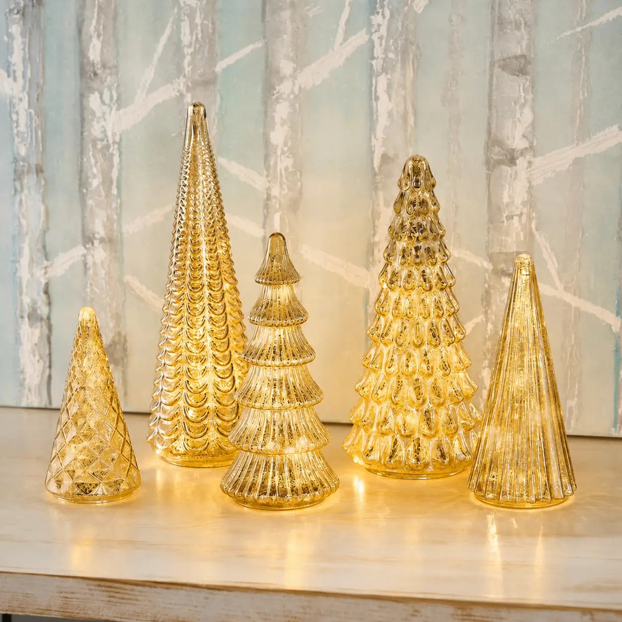 Set of 5 illuminated mercury glass Christmas trees with six-hour timer for mantel, side table, and festive holiday centerpiece decor displays Tomyhome Global