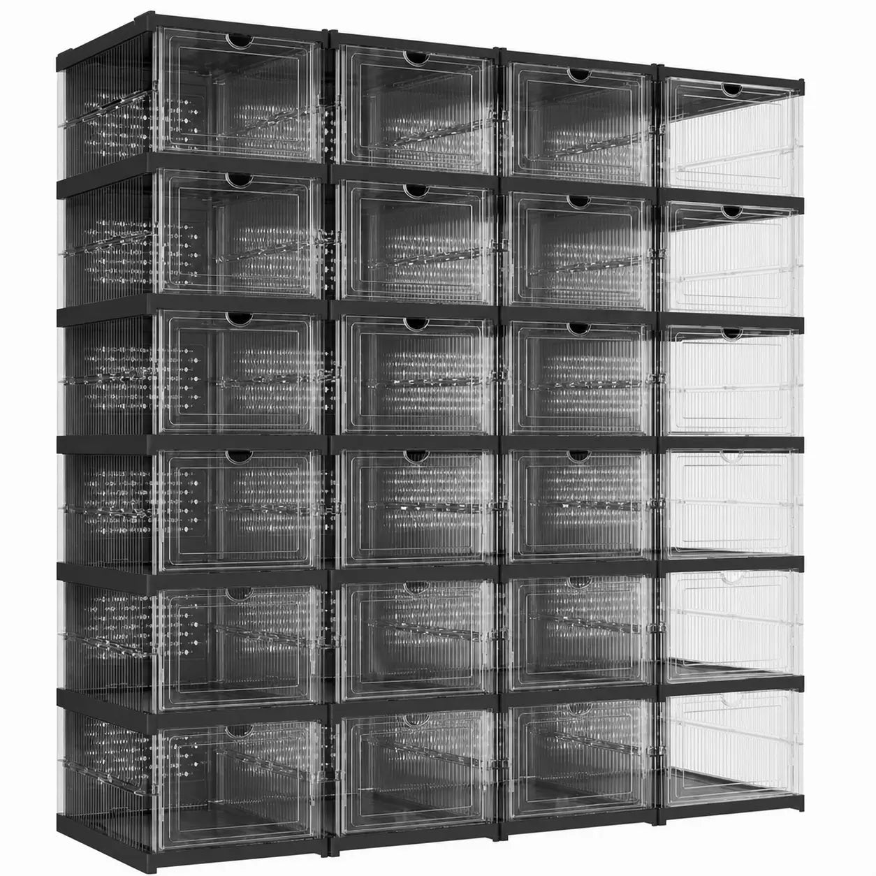 Collapsible shoe storage boxes with clear front doors, stackable foldable organizer for closets, shelves and entryways, fits US size 13 shoes Tomyhome Global