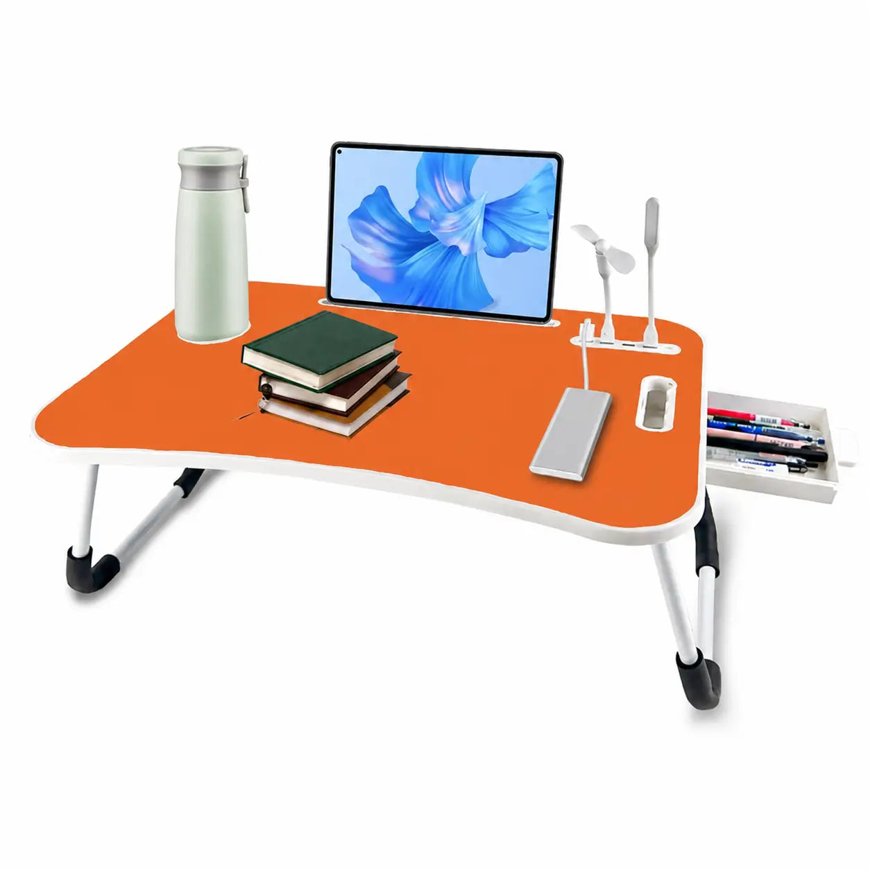 Foldable laptop bed desk with 4 USB ports, storage drawer, cup holder and adjustable angles for comfortable couch work at home Tomyhome Global