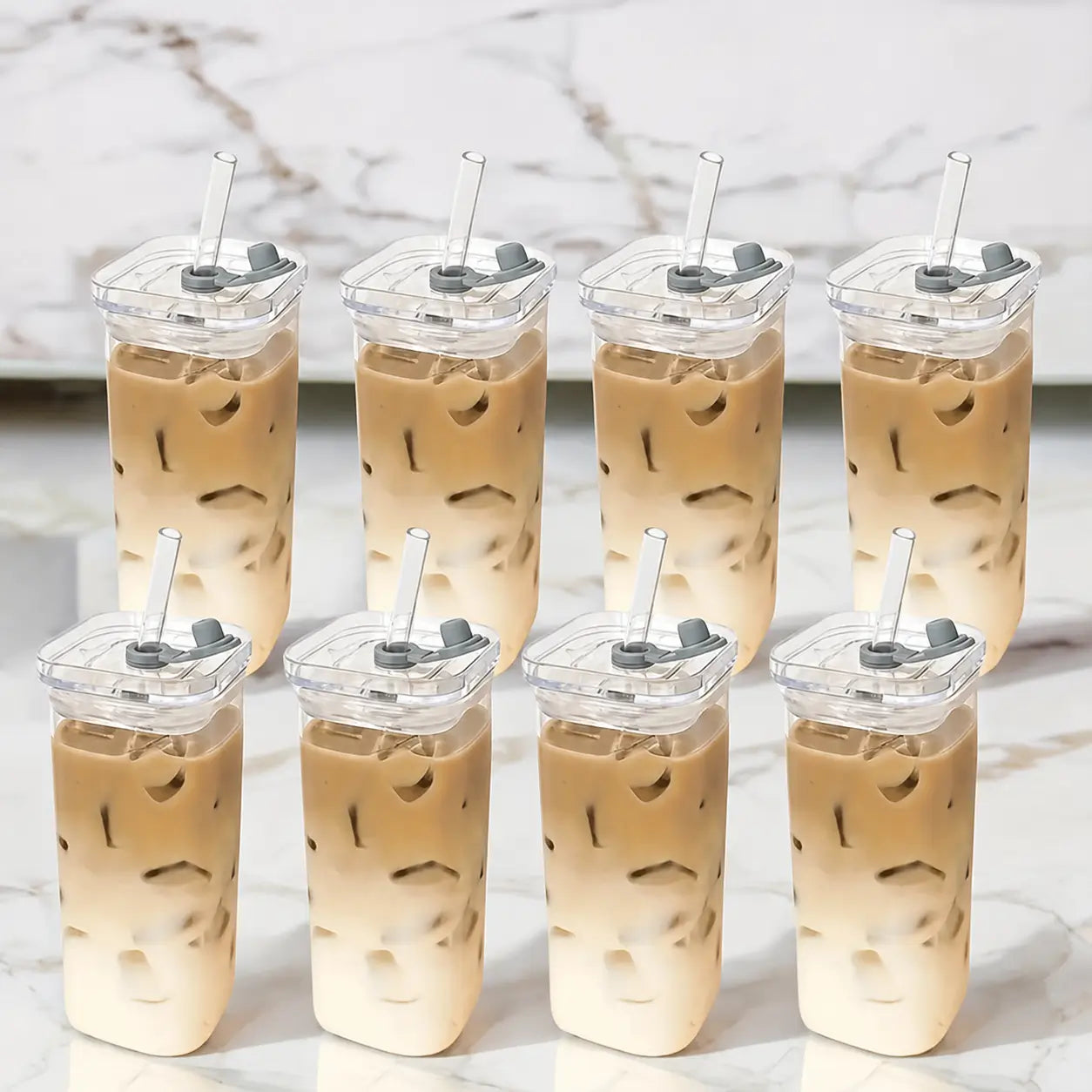 Square 13 oz glass tumbler set with lids and glass straws for iced coffee, cocktails, juice, and everyday drinks at home Tomyhome Global