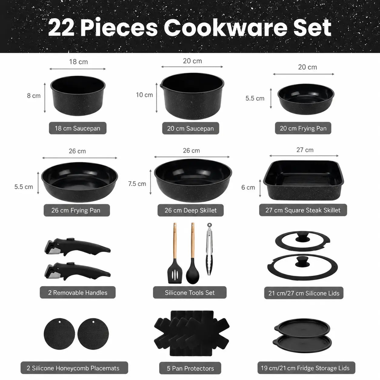 Ceramic Nonstick 22-Piece Cookware Set with Detachable Handles and Lids for Induction Kitchens, RV Cooking, Outdoor Meals, and Easy Storage Tomyhome Global