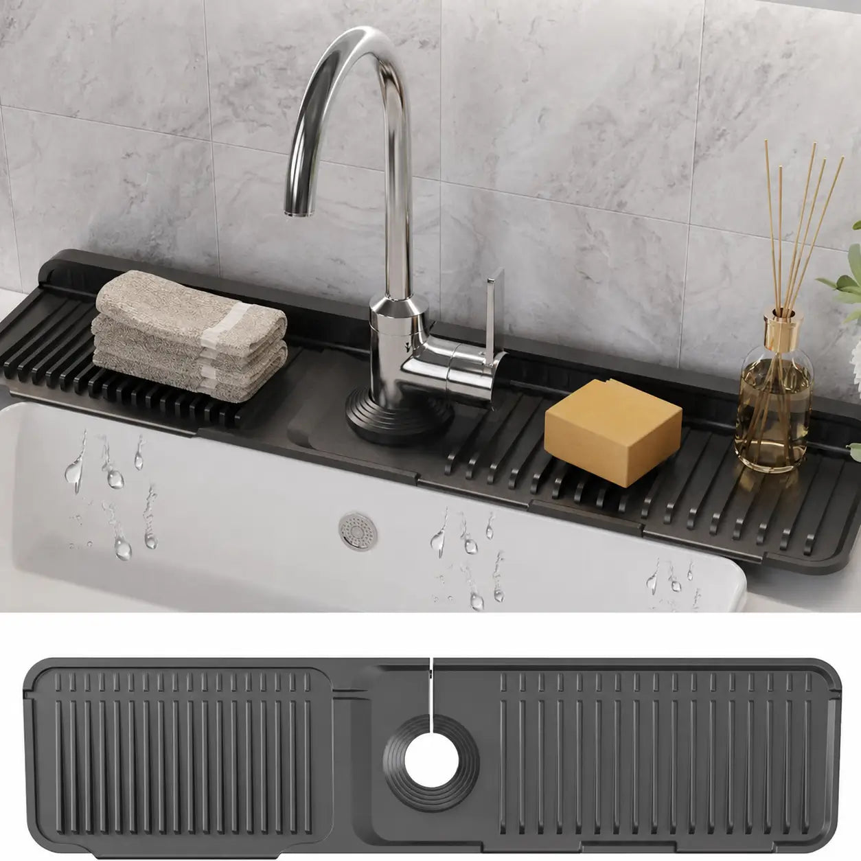 Everyday Silicone Sink Faucet Splash Guard Mat with 5° Self-Draining Slope and Button Lock for Cleaner Kitchen, Bathroom, and RV Counters Tomyhome Global