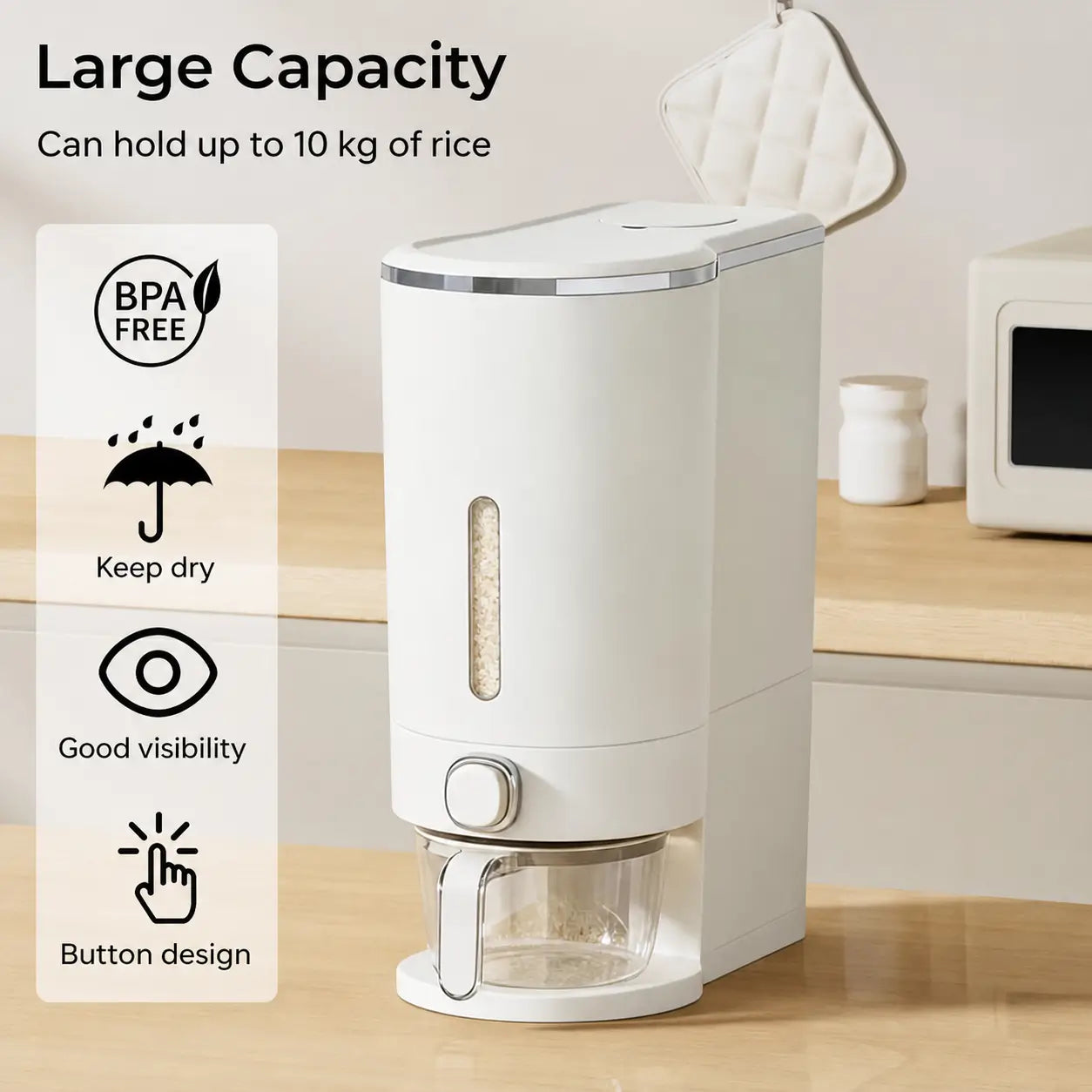 Airtight rice dispenser with measuring cup, insect-proof 22 lb grain storage container for kitchen pantry, pet food and everyday dry goods Tomyhome Global