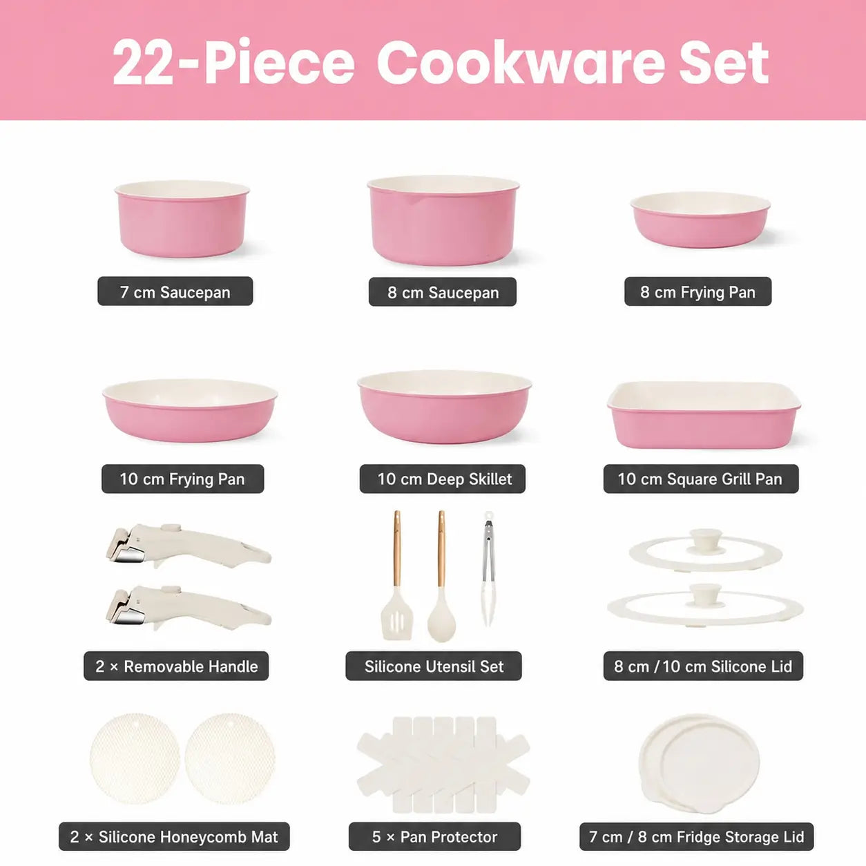 Ceramic Nonstick 22-Piece Cookware Set with Detachable Handles and Lids for Induction Kitchens, RV Cooking, Outdoor Meals, and Easy Storage Tomyhome Global