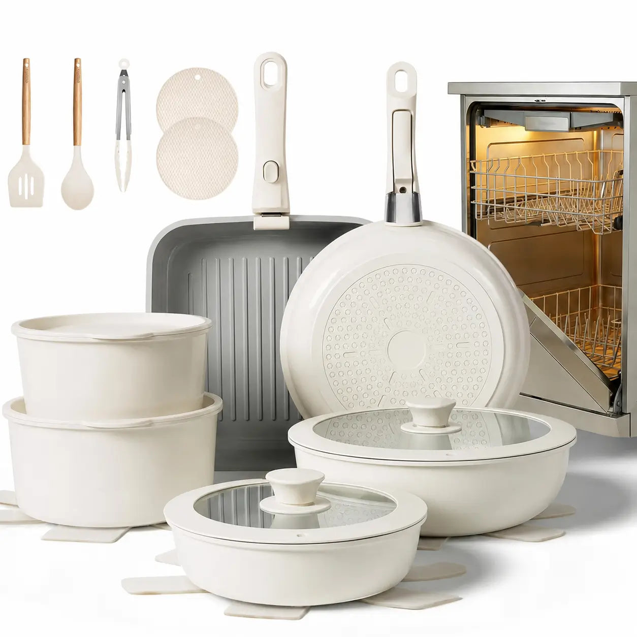 Ceramic Nonstick 22-Piece Cookware Set with Detachable Handles and Lids for Induction Kitchens, RV Cooking, Outdoor Meals, and Easy Storage Tomyhome Global