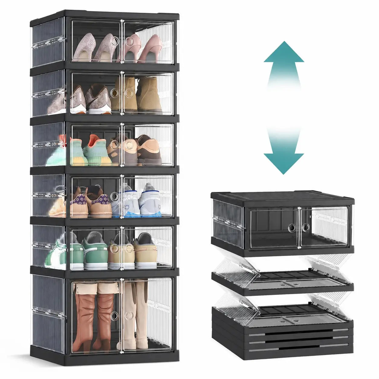 Collapsible shoe storage boxes with clear front doors, stackable foldable organizer for closets, shelves and entryways, fits US size 13 shoes Tomyhome Global