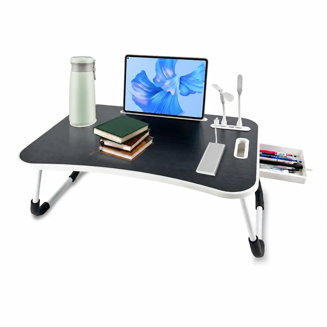 Foldable laptop bed desk with 4 USB ports, storage drawer, cup holder and adjustable angles for comfortable couch work at home Tomyhome Global