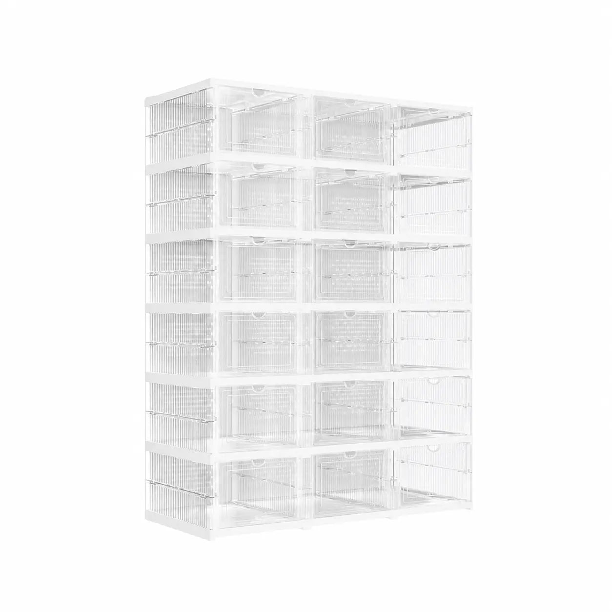 Collapsible shoe storage boxes with clear front doors, stackable foldable organizer for closets, shelves and entryways, fits US size 13 shoes Tomyhome Global