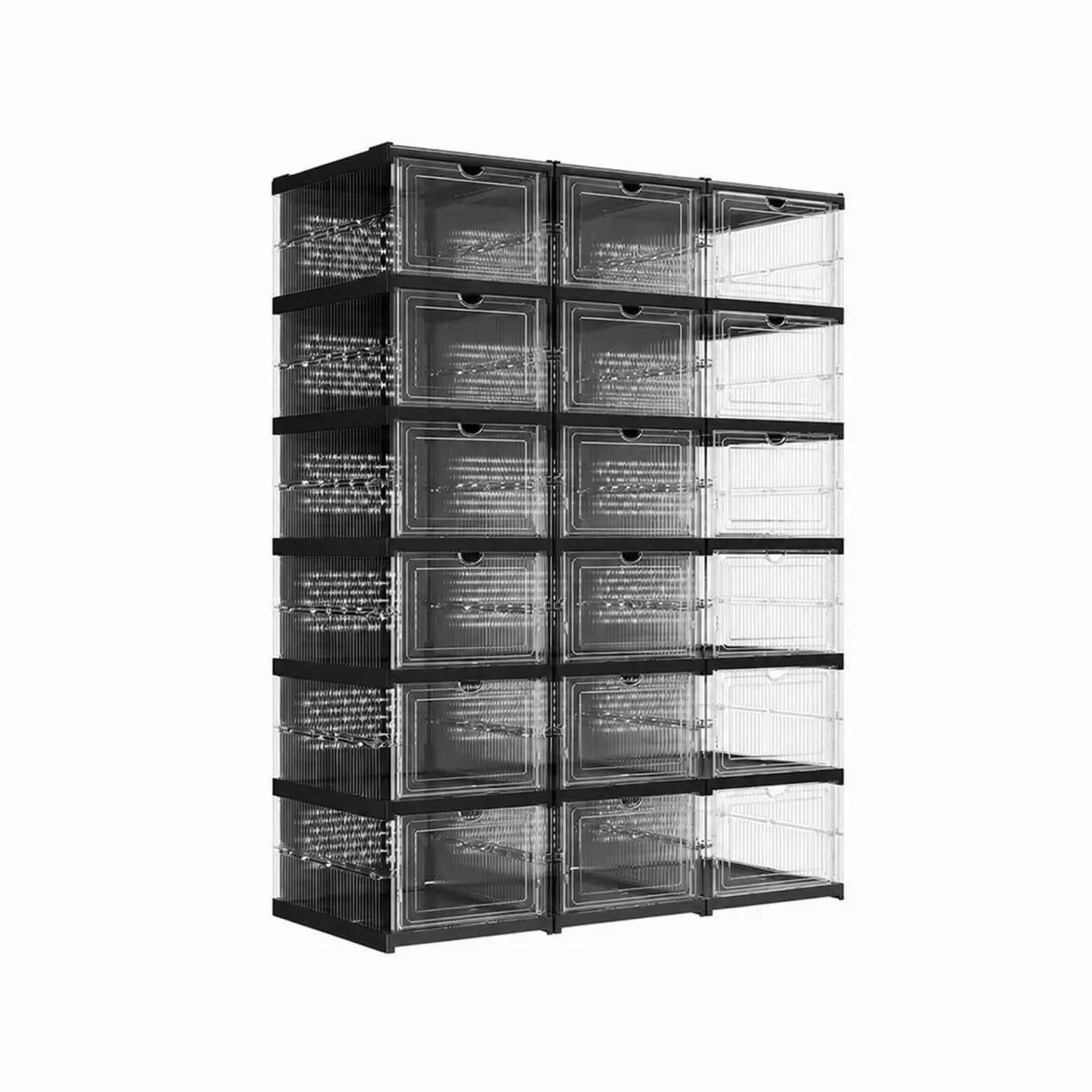 Collapsible shoe storage boxes with clear front doors, stackable foldable organizer for closets, shelves and entryways, fits US size 13 shoes Tomyhome Global