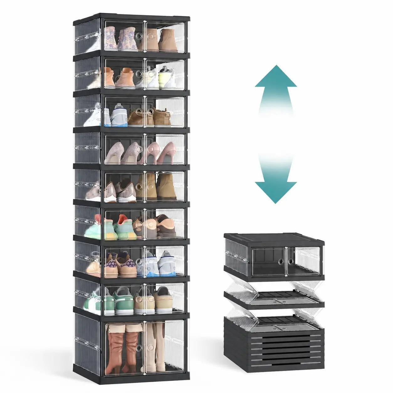 Collapsible shoe storage boxes with clear front doors, stackable foldable organizer for closets, shelves and entryways, fits US size 13 shoes Tomyhome Global