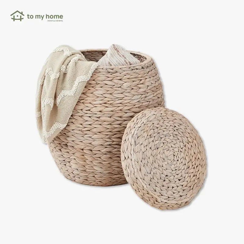 Vintage Hyacinth Storage Basket with Lid Woven Organizer Tote for Home Bath Laundry Pantry Room Organization Natural Seagrass Eco Smart Bin