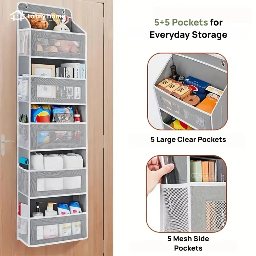 Over-the-door storage organizer with 5 tiers, anti-tilt design and 10 large pockets for bedrooms, bathrooms, dorm rooms and essentials Tomyhome Global