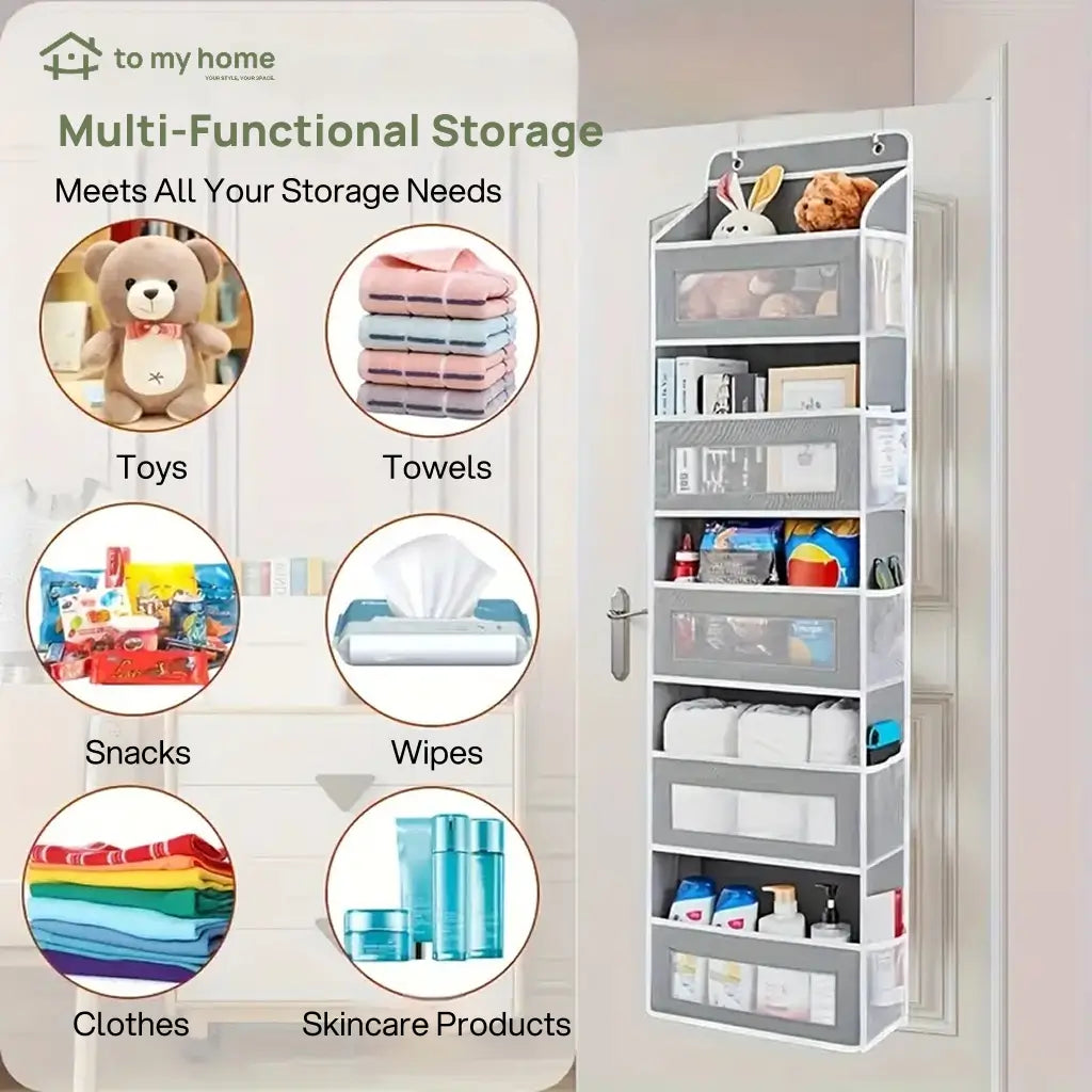 Over-the-door storage organizer with 5 tiers, anti-tilt design and 10 large pockets for bedrooms, bathrooms, dorm rooms and essentials Tomyhome Global