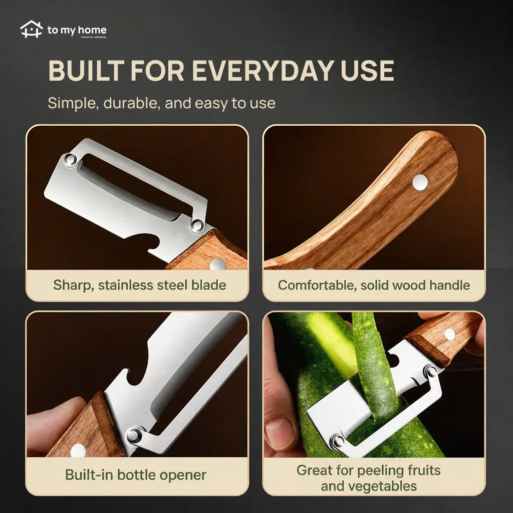 Two-Piece Vegetable and Fruit Peeler Set with Ultra-Sharp Stainless Steel Blade, Wooden Handle, and Built-In Bottle Opener for Everyday Kitchen Prep Tomyhome Global
