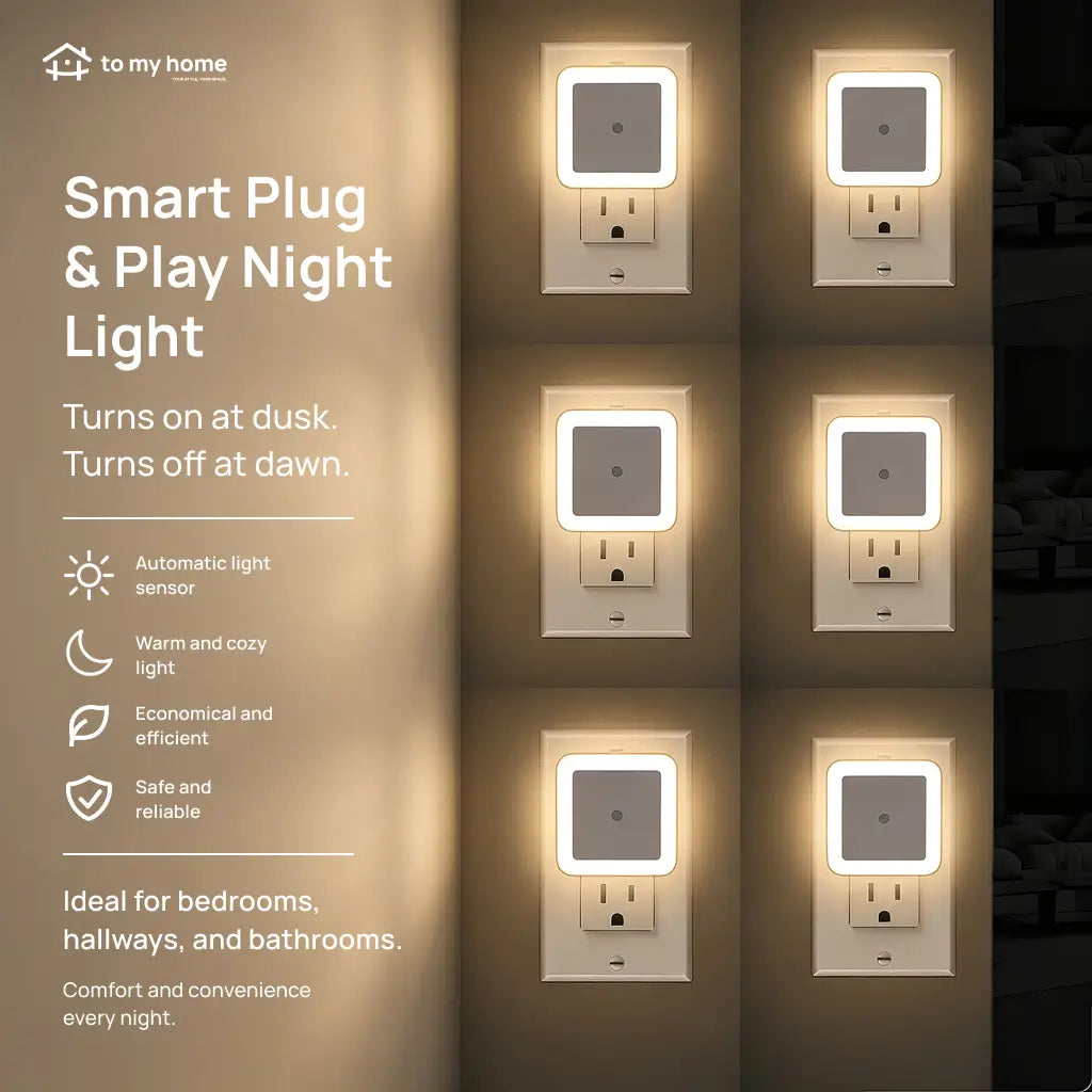 Plug-in LED night lights with dusk-to-dawn sensor, warm white 6-pack for bedrooms, hallways, bathrooms, kitchens and everyday home lighting Tomyhome Global