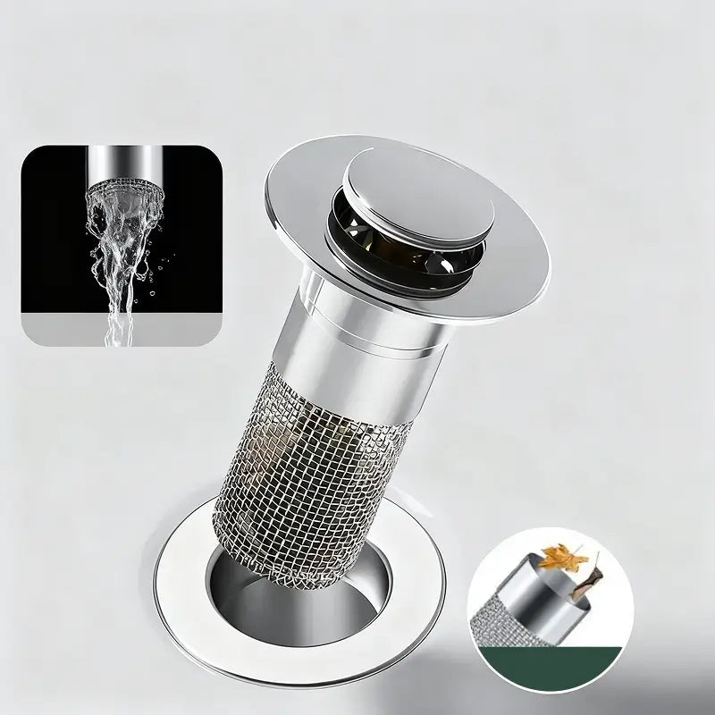 Bathroom Sink Stopper Hair Catcher Universal Pop Up Sink Drain Filter with Stainless Steel Filter Basket and Brass Drain Plug for Home Use