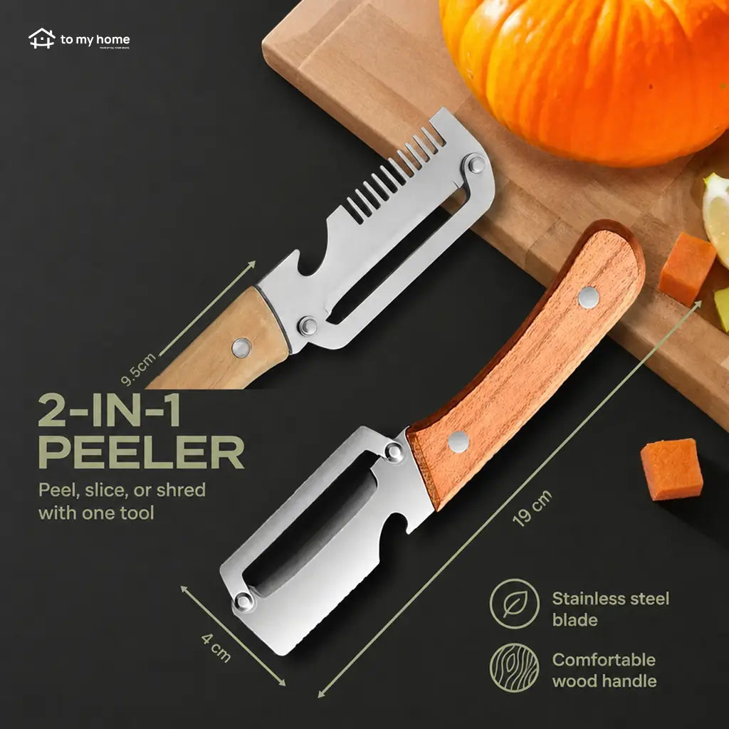 Two-Piece Vegetable and Fruit Peeler Set with Ultra-Sharp Stainless Steel Blade, Wooden Handle, and Built-In Bottle Opener for Everyday Kitchen Prep Tomyhome Global
