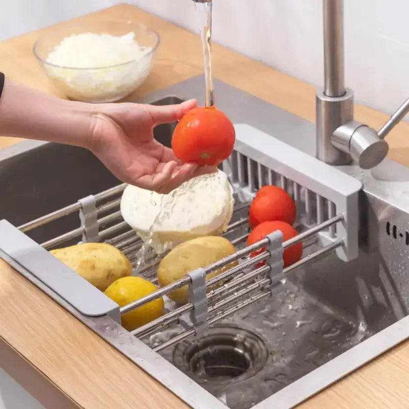 Égouttoir à Vaisselle Suspendu en Acier Inoxydable Réglable Panier Filtre Multifonctionnel pour Fruits Légumes Organiseur d'Évier Rangement Séchage et Gain d'Espace