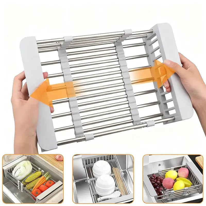 Égouttoir à Vaisselle Suspendu en Acier Inoxydable Réglable Panier Filtre Multifonctionnel pour Fruits Légumes Organiseur d'Évier Rangement Séchage et Gain d'Espace