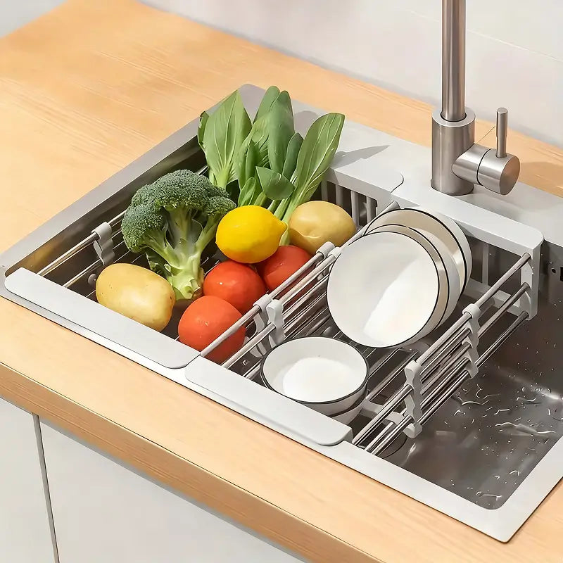Égouttoir à Vaisselle Suspendu en Acier Inoxydable Réglable Panier Filtre Multifonctionnel pour Fruits Légumes Organiseur d'Évier Rangement Séchage et Gain d'Espace