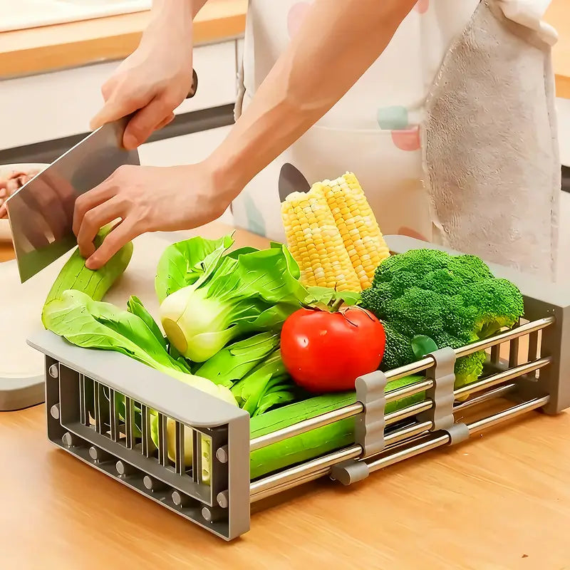Égouttoir à Vaisselle Suspendu en Acier Inoxydable Réglable Panier Filtre Multifonctionnel pour Fruits Légumes Organiseur d'Évier Rangement Séchage et Gain d'Espace