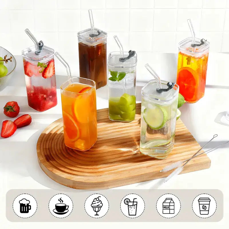 385ml Square Glass Cups with Lids and Straws Eco-Friendly Reusable Tumblers for Iced Coffee Beer Cocktails and Stylish Glassware for Home Parties