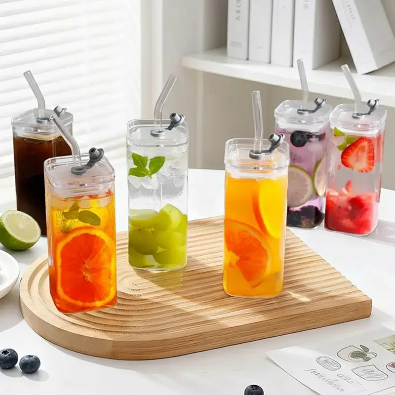 385ml Square Glass Cups with Lids and Straws Eco-Friendly Reusable Tumblers for Iced Coffee Beer Cocktails and Stylish Glassware for Home Parties